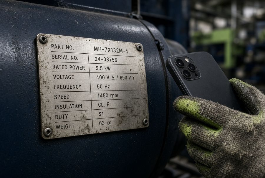A motor nameplate being photographed to capture part and serial numbers