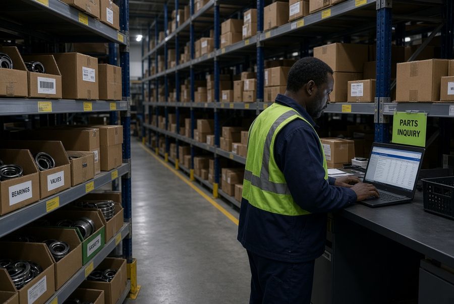 Parts inquiry being checked against supplier stock in a spares store