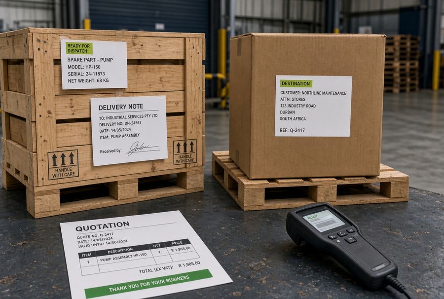 A crated spare pump with quotation and delivery note, ready for dispatch
