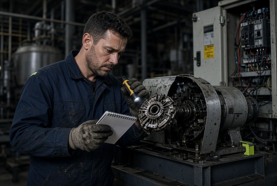 A technician inspecting an opened gearbox to establish the fault